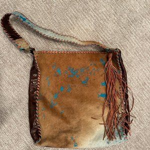 Cripple Creek Creations, USA, Turquoise and Chocolate Brown Leather Tote Bag